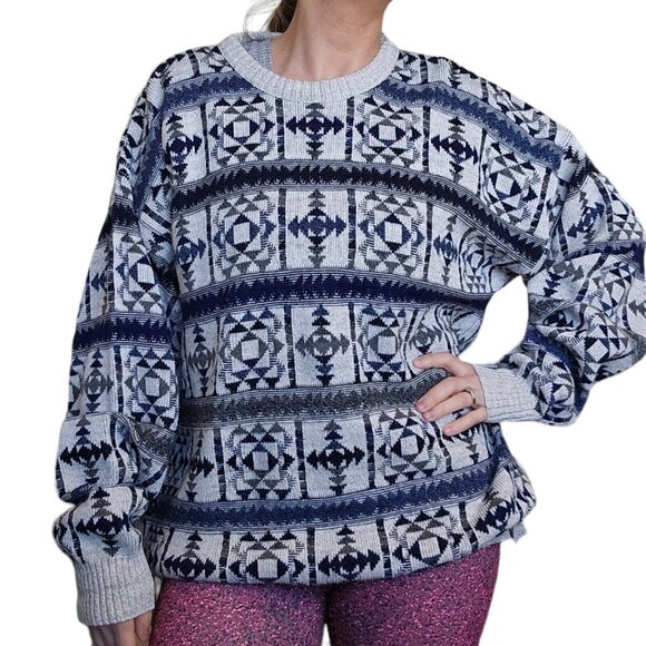 Vintage 90s Mens XL Dad‎ Pullover Sweater Geometric White Blue Aztec Tribal - Picture 1 of 9